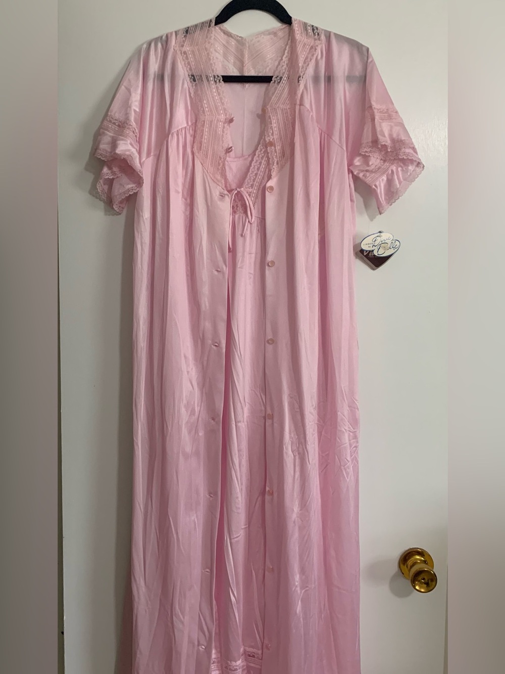 Vintage 1970s NWT DIXIE BELLE Pink Nylon 2pc Set ROBE/Peignoir & GOWN Maxi Large
